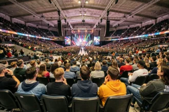 Vue panoramique de l'intérieur de l'Accor Arena Paris pendant un concert avec la foule et la scène illuminée