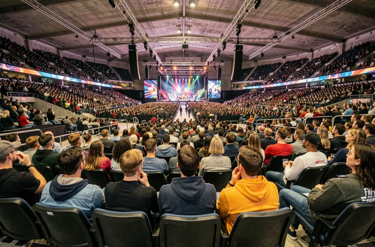 Vue panoramique de l'intérieur de l'Accor Arena Paris pendant un concert avec la foule et la scène illuminée