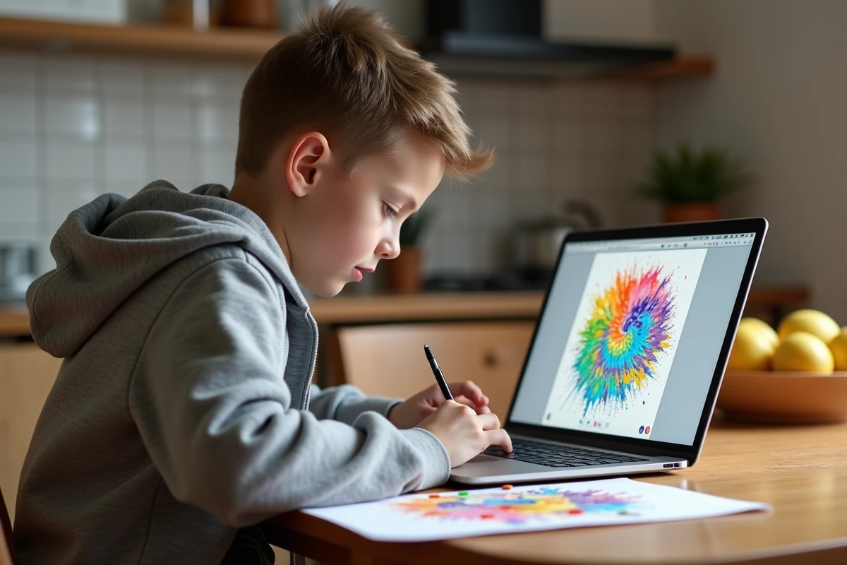 Adolescent coloriant sur un site de peinture numérique à la maison