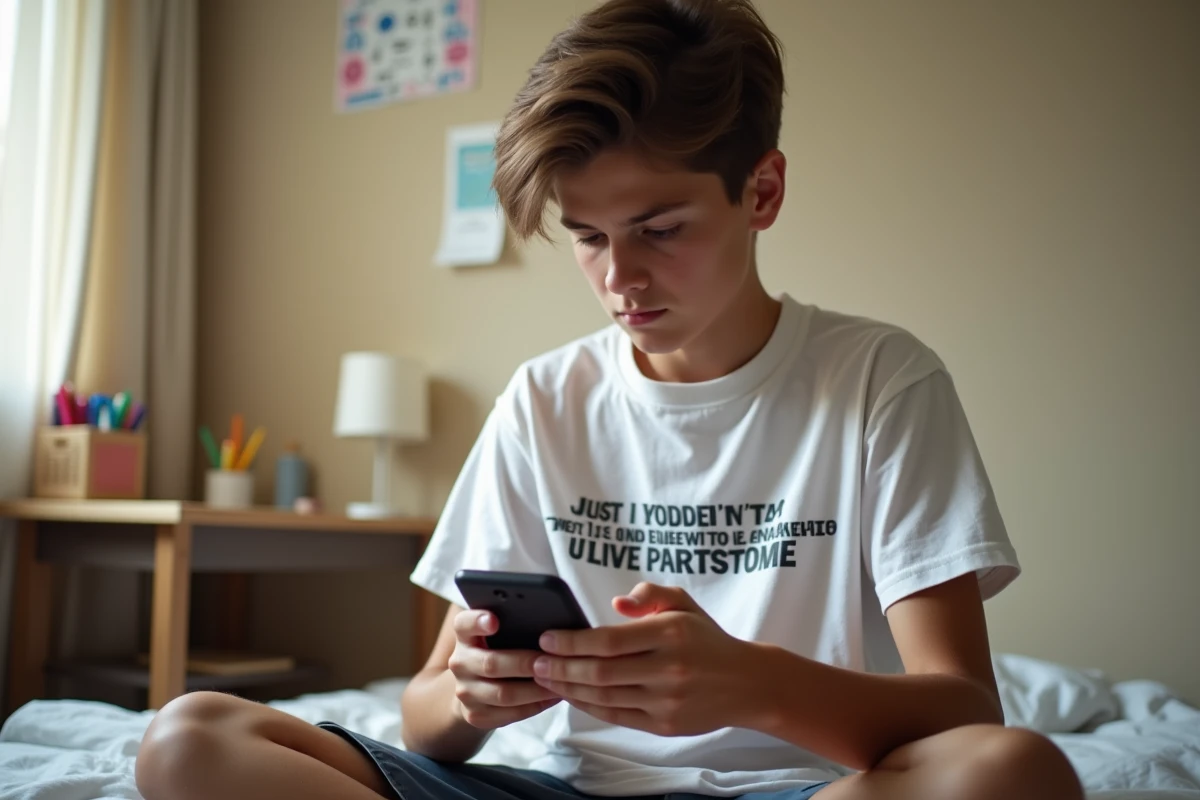 Adolescent lisant des conseils de sécurité en ligne sur son smartphone dans sa chambre