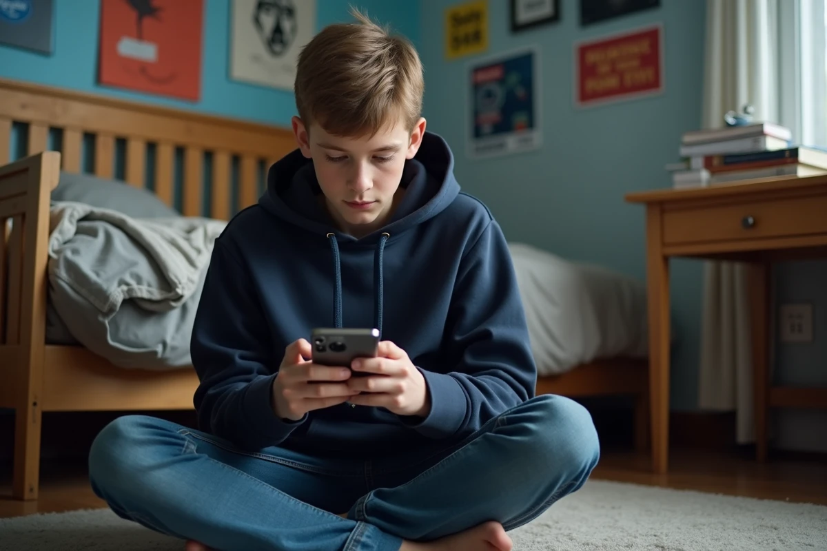 Un adolescent utilise son smartphone pour naviguer sur les réseaux sociaux, illustrant les enjeux de sécurité numérique pour les mineurs