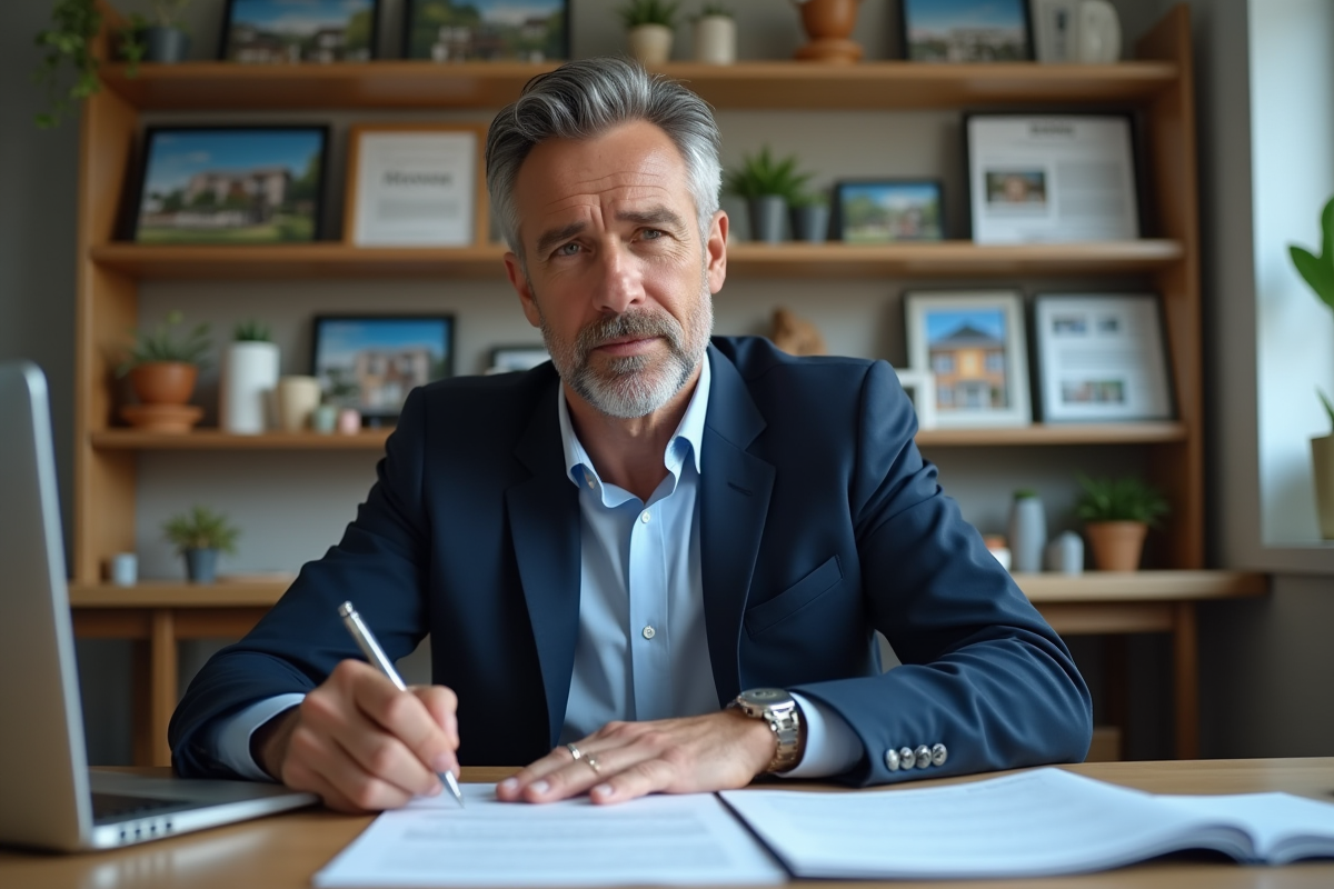 Agent immobilier examinant des documents dans un bureau
