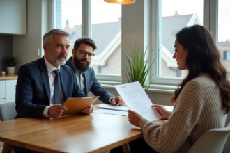 Agent immobilier avec couple dans un appartement moderne