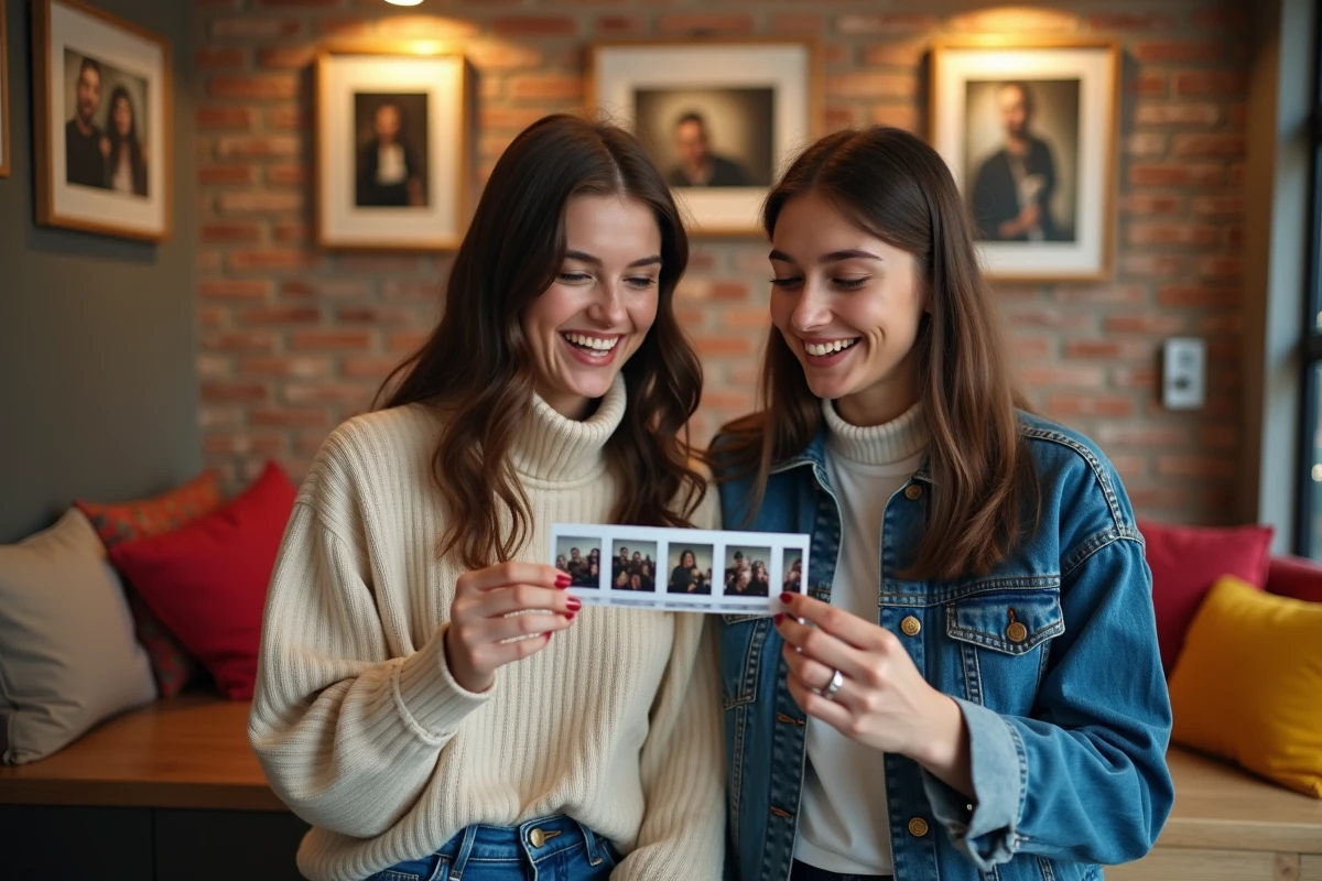 Deux amies regardant leur strip photo 4 poses imprimé dans un studio photo parisien tendance