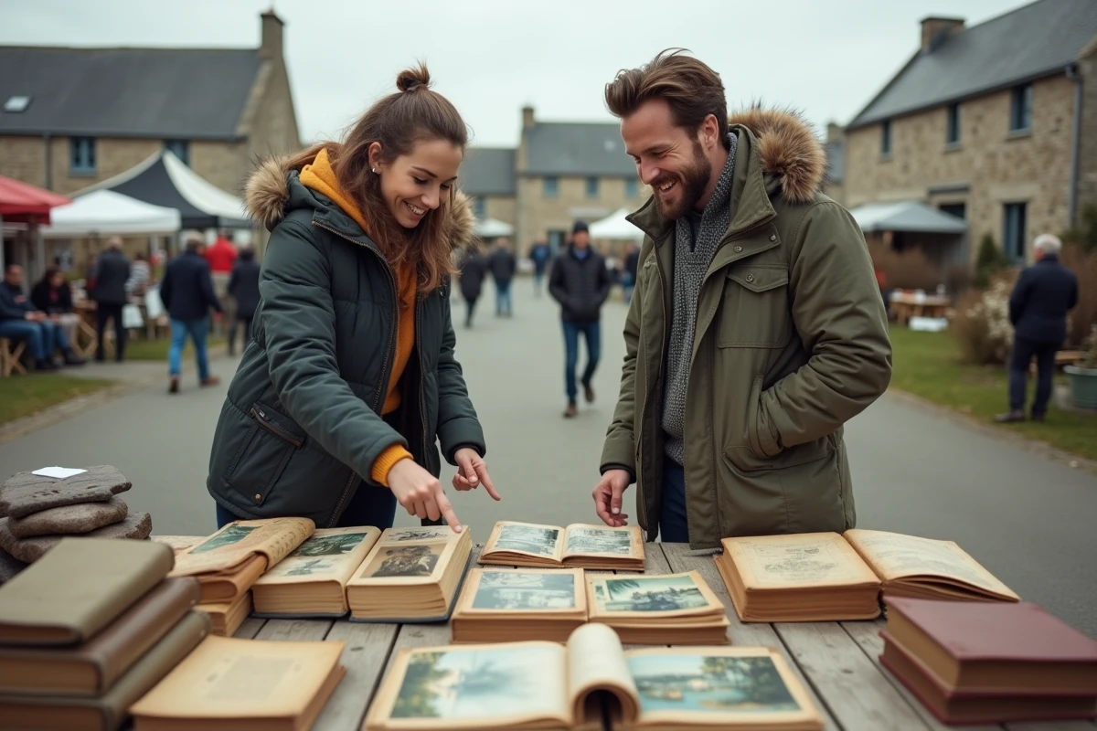 Deux amis chineurs feuilletant des livres anciens et cartes postales bretonnes sur un vide grenier rural dans le 29