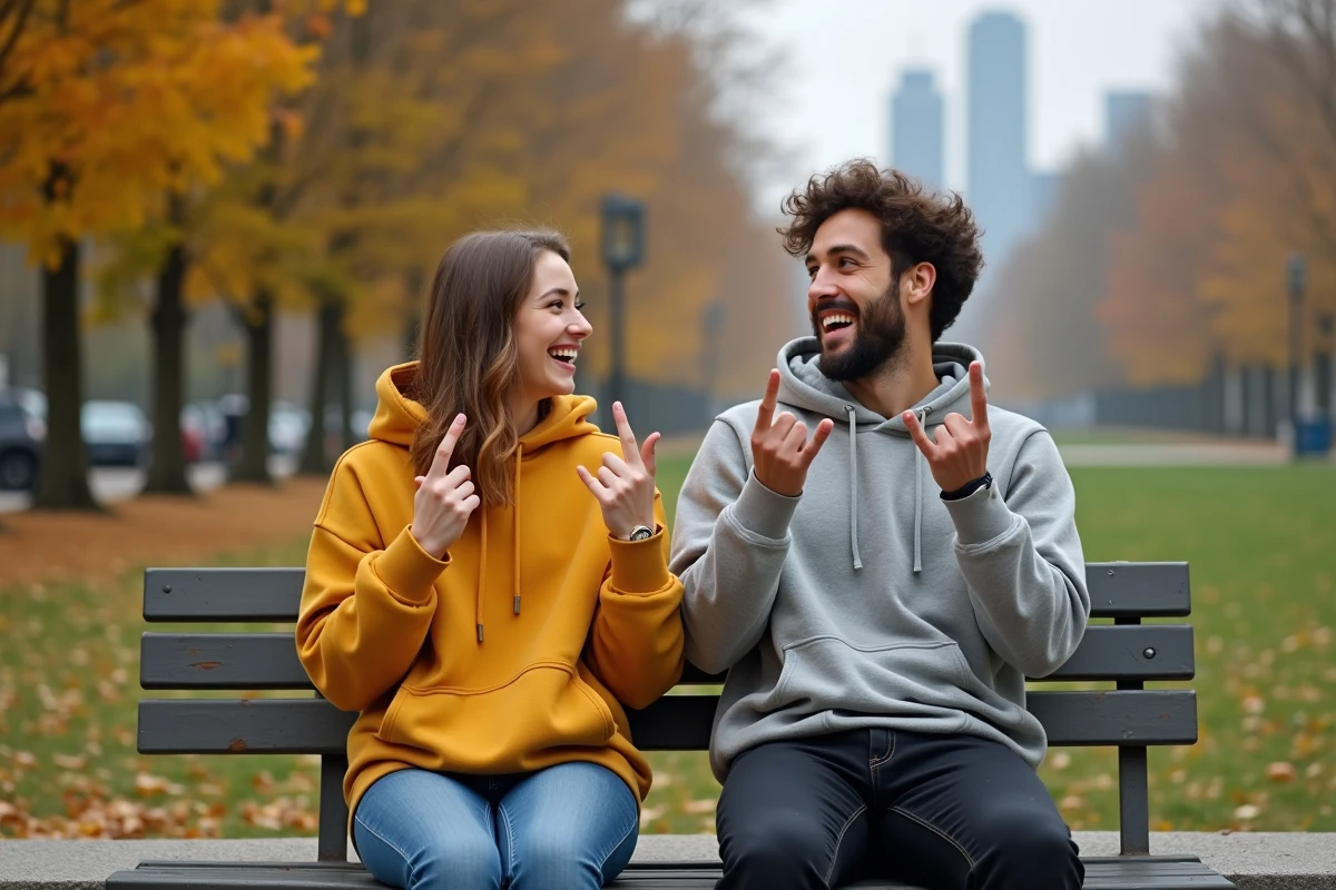 Deux amis croisant les doigts ensemble dans un parc en automne, geste d'espoir et d'encouragement mutuel