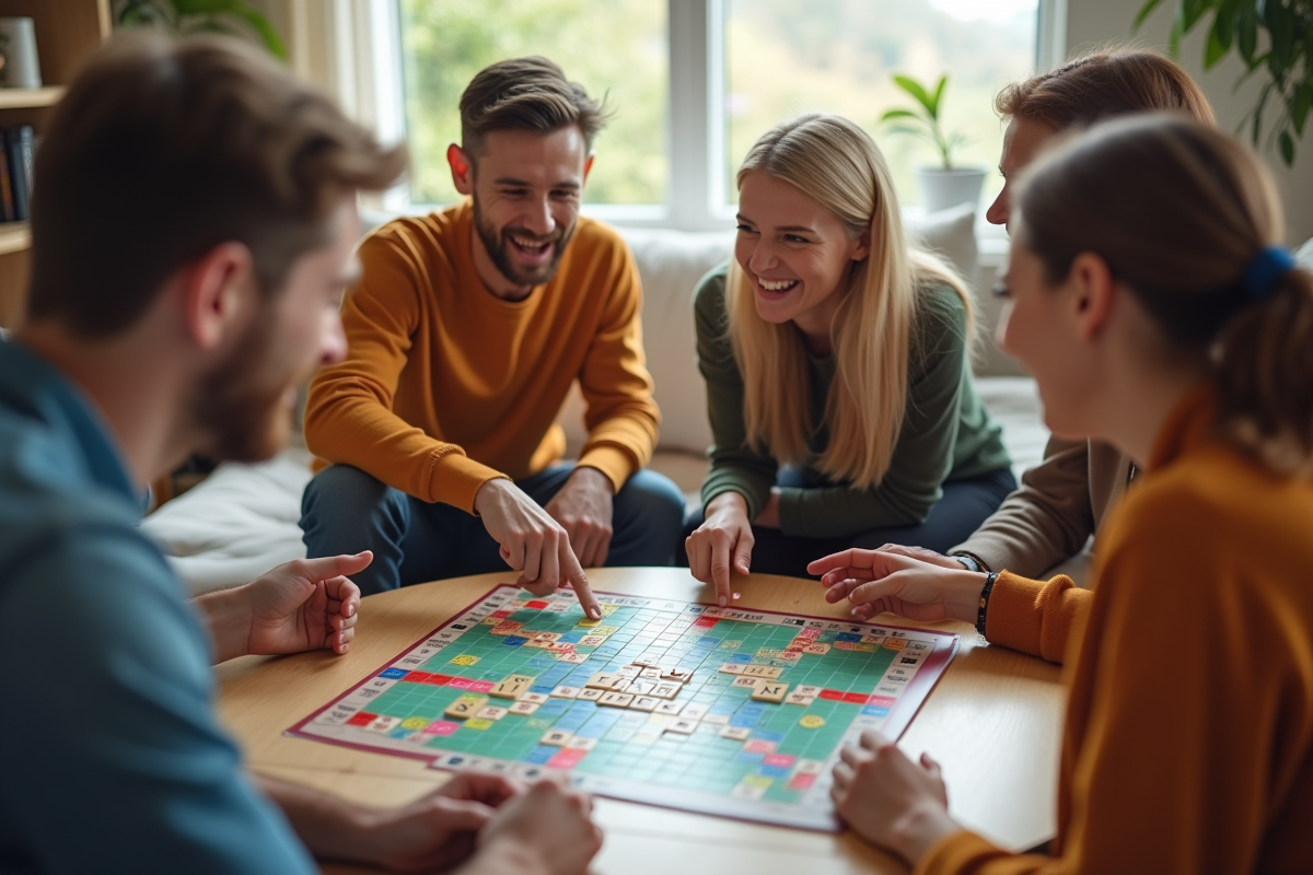Groupe d amis riant autour d un Scrabble avec erreurs