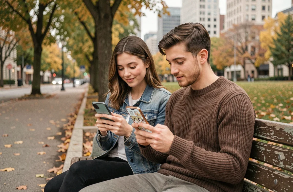 Deux amis lisant des chapitres de manga sur smartphone dans un parc urbain en automne