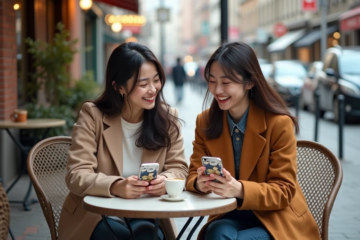 Deux amis lisant un manhwa et riant au café en ville