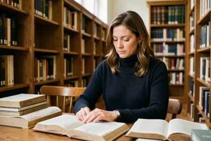 Femme studieuse annotant un livre de littérature classique dans une bibliothèque universitaire, illustrant l'analyse paradigmatique d'un texte