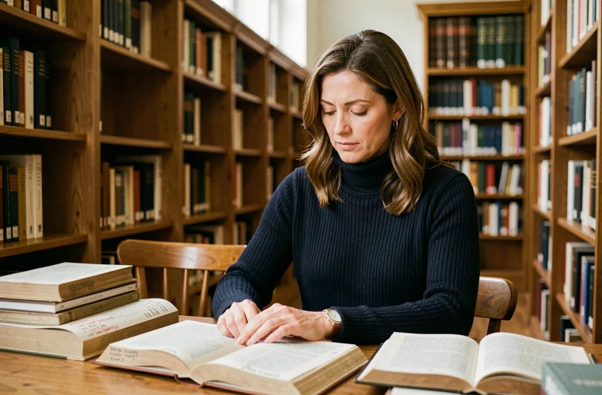 Femme studieuse annotant un livre de littérature classique dans une bibliothèque universitaire, illustrant l'analyse paradigmatique d'un texte
