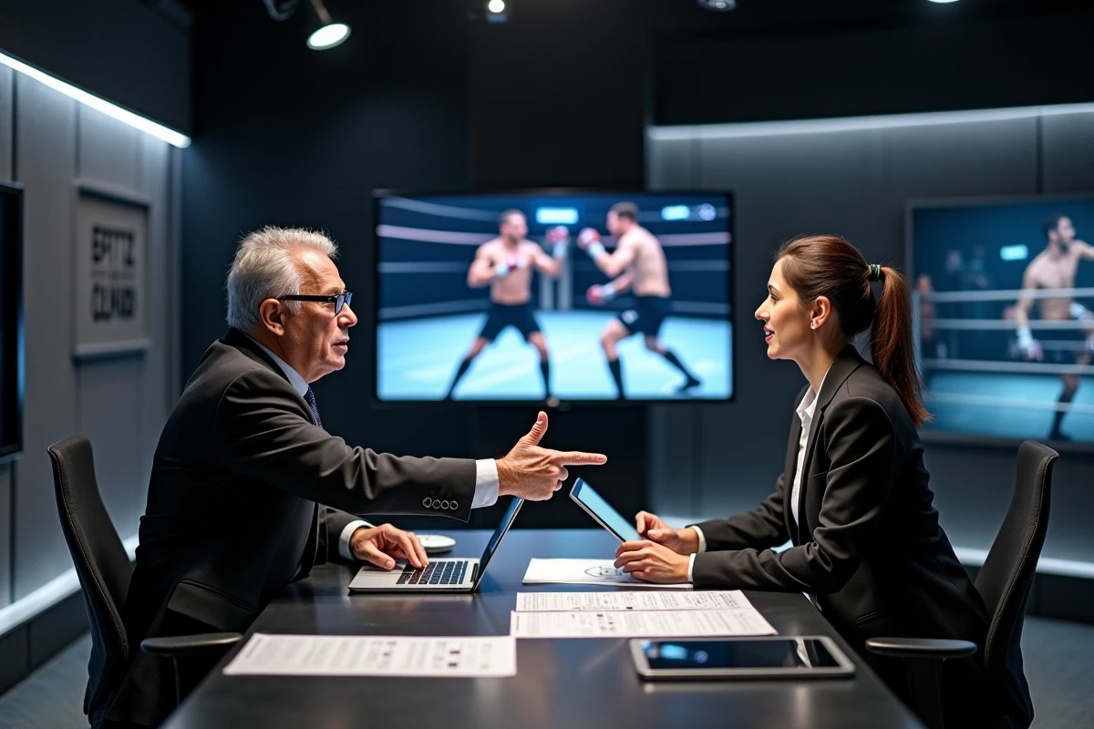 Deux analystes sportifs en studio examinant des diagrammes tactiques et des séquences de combat sur un écran, discussion stratégique animée