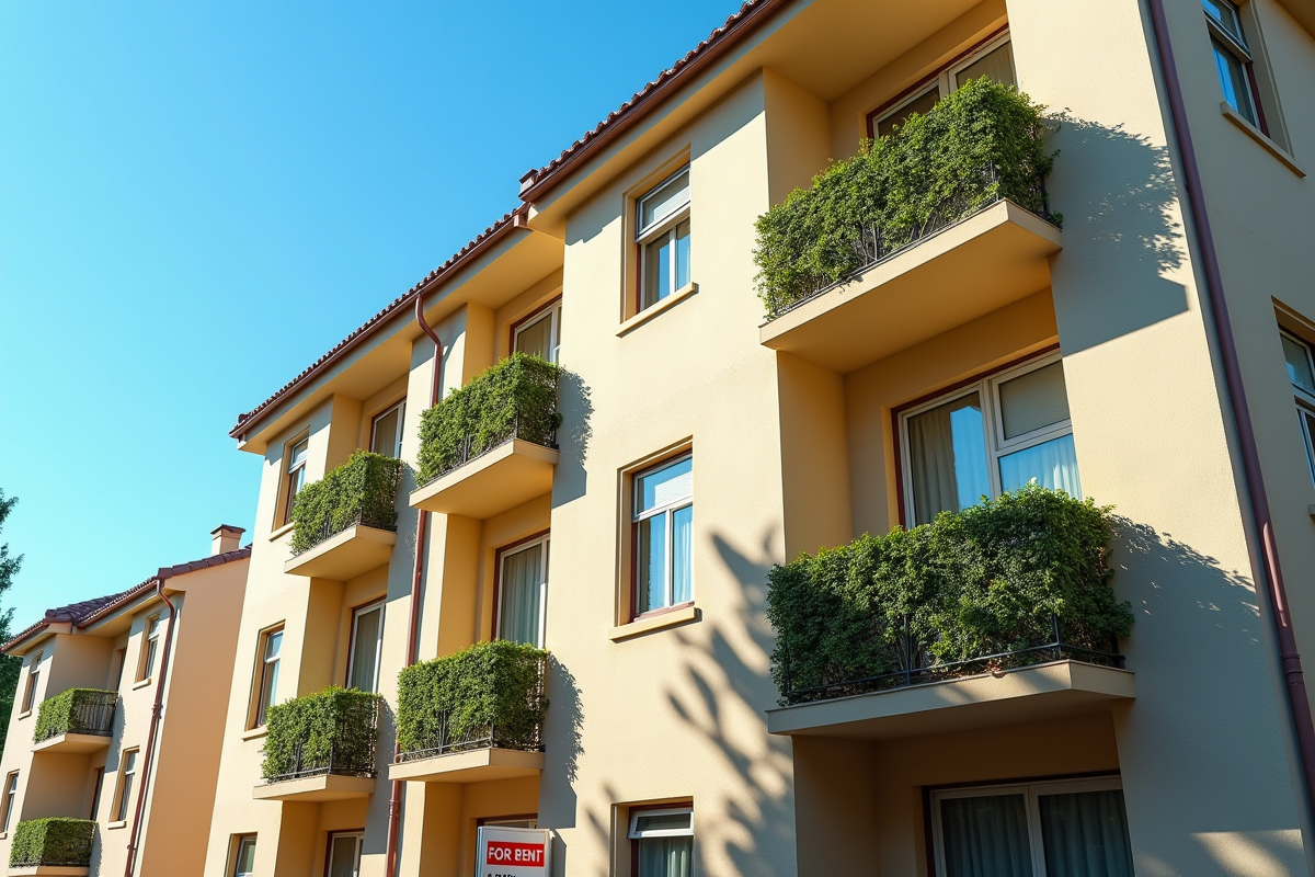 Immeuble résidentiel ensoleillé avec balcon et panneau a louer