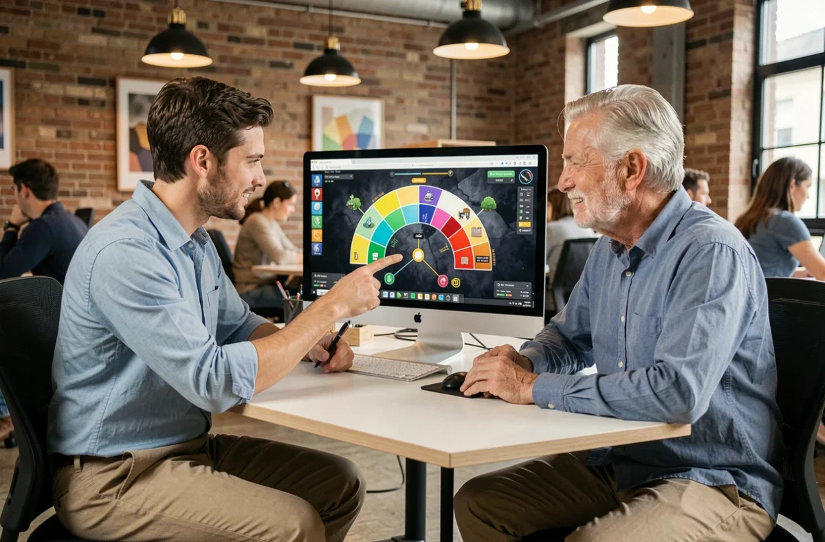 Deux hommes apprenant ensemble à jouer au jeu du demi-cercle en ligne dans un espace de coworking