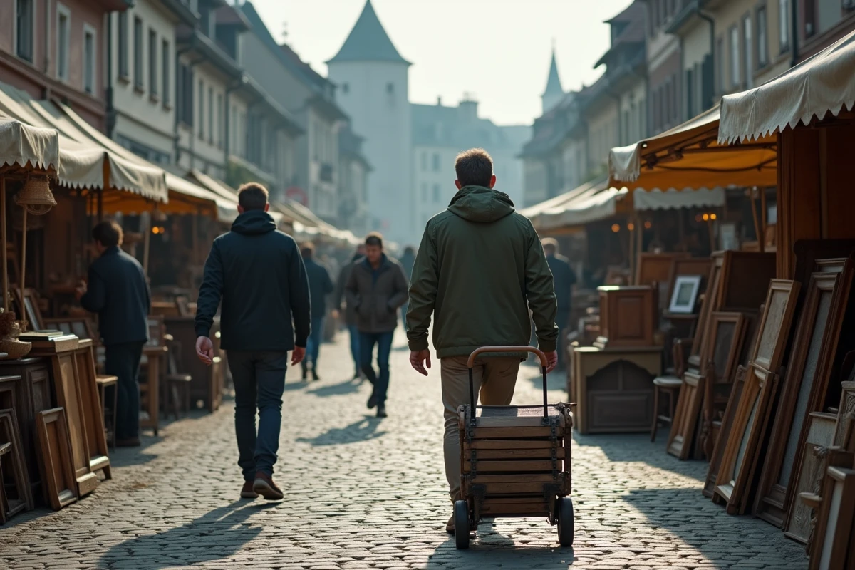 Visiteur arrivant tôt le matin à une brocante en plein air sur une place de village en Moselle