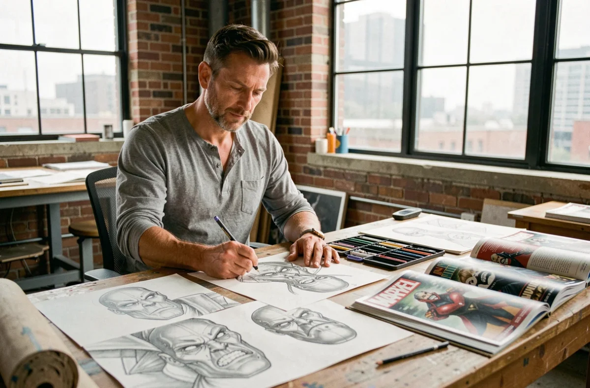 Artiste de comics Marvel dessinant Victor von Doom à sa table à dessin dans un studio urbain avec des croquis au crayon et des références de bandes dessinées