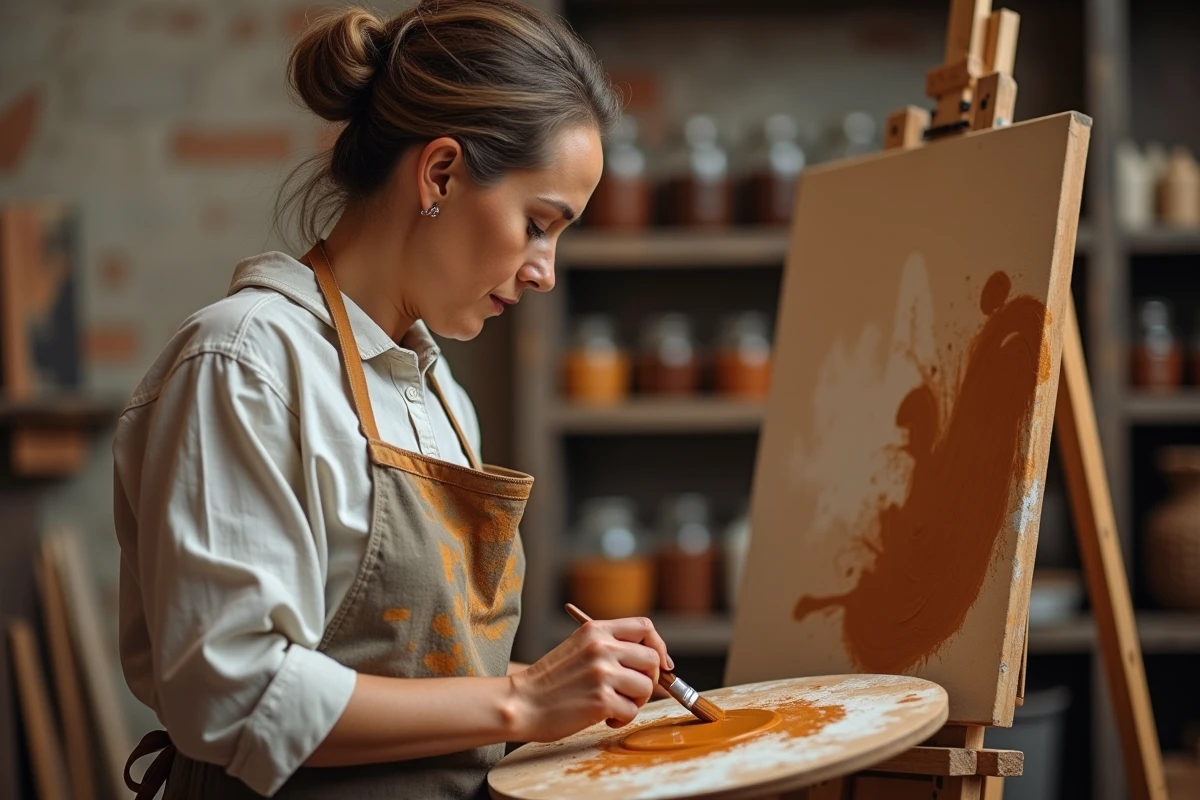 Artiste mélangeant différentes nuances de brun sur une palette en bois dans un atelier de peinture