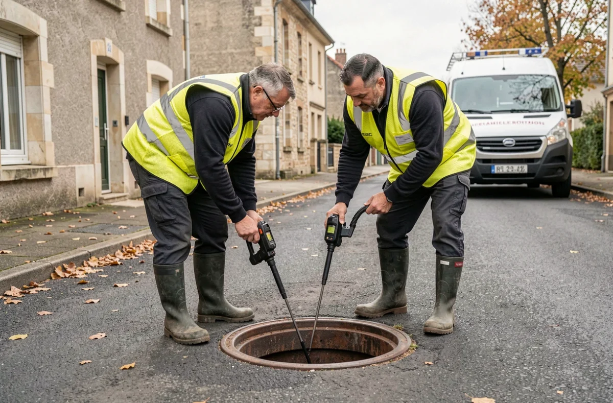 Techniciens d'Assainissement De La Région Centre inspectant un réseau d'égouts avec une caméra dans une rue résidentielle d'Orléans