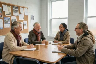 Groupe de bénéficiaires et bénévoles de l'association Oasis réunis autour d'une table en bois dans une salle communautaire, échangeant dans une atmosphère chaleureuse et solidaire