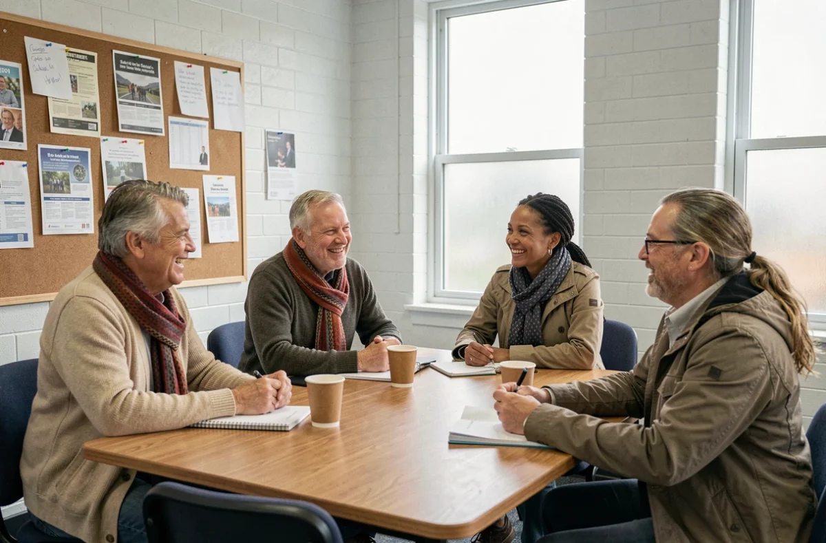 Groupe de bénéficiaires et bénévoles de l'association Oasis réunis autour d'une table en bois dans une salle communautaire, échangeant dans une atmosphère chaleureuse et solidaire