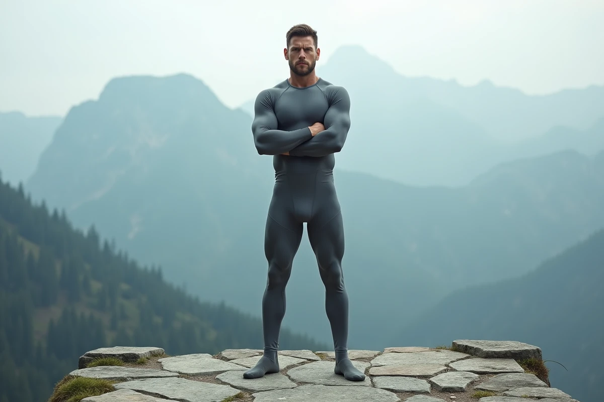 Athlète solitaire en tenue de combat debout sur une plateforme en pierre face à un panorama montagneux brumeux, posture de défi stoïque