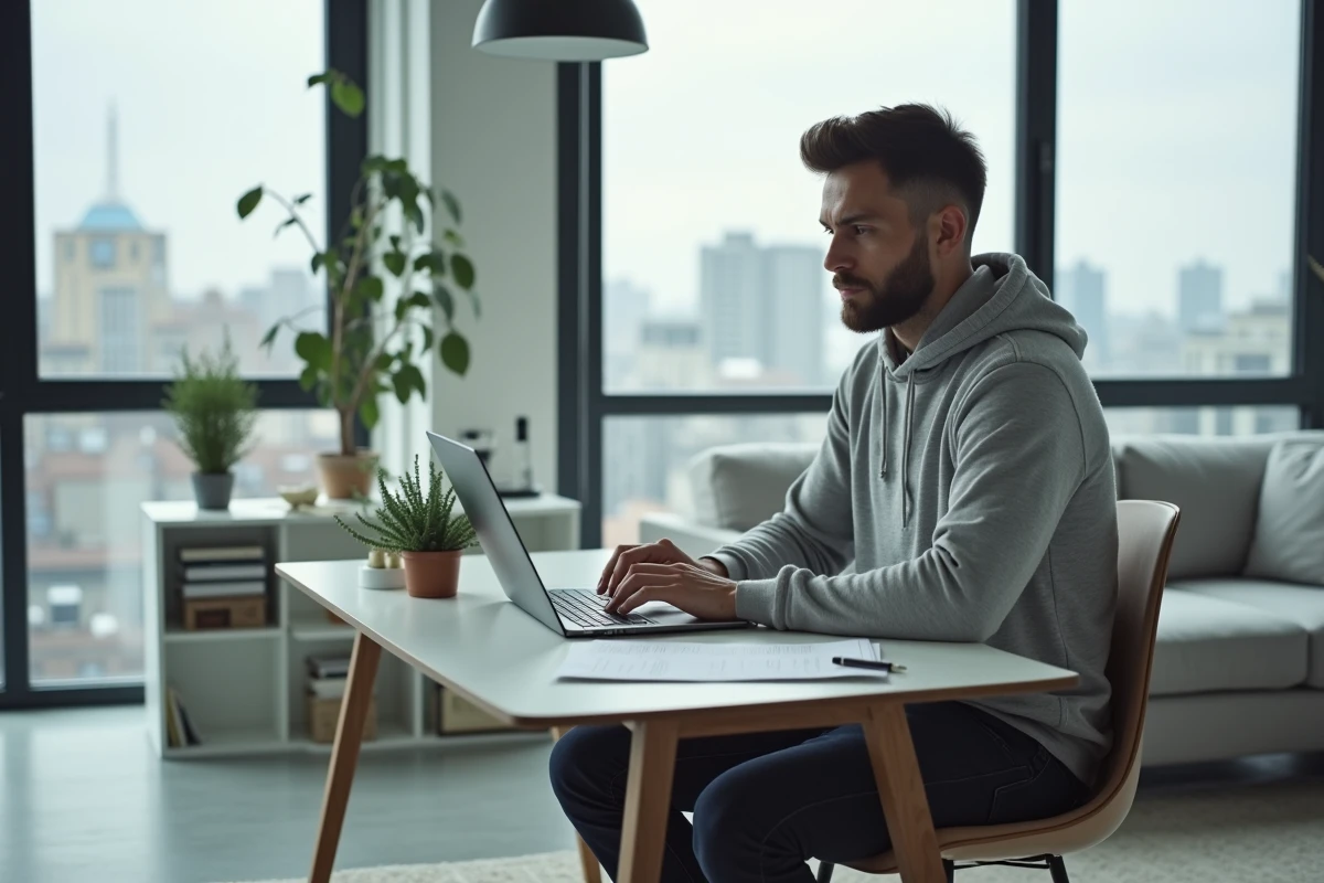 Homme tapant une attestation d'hébergement sur ordinateur portable dans un appartement moderne