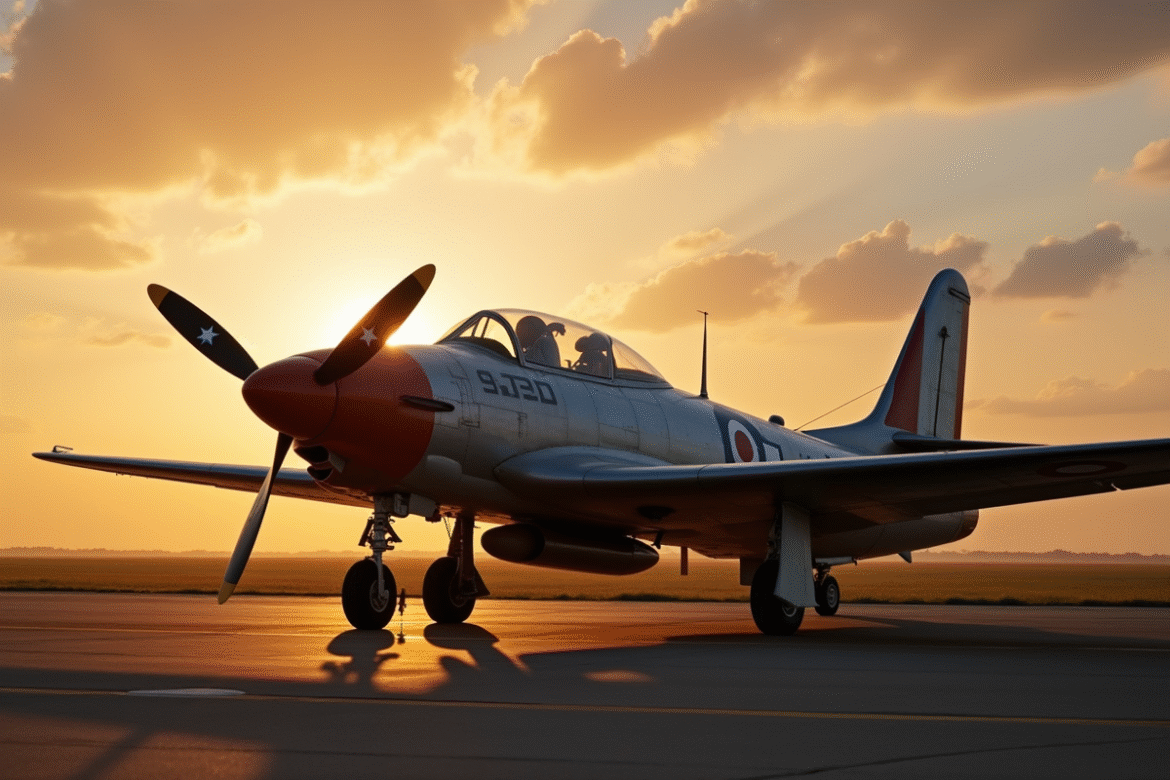 Avion de chasse vintage de la RAF au lever du soleil