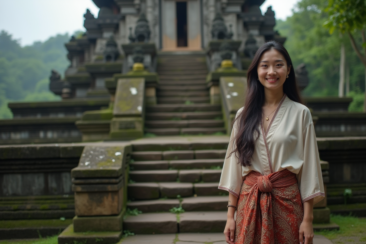 Femme balinaise en kebaya devant le temple Besakih
