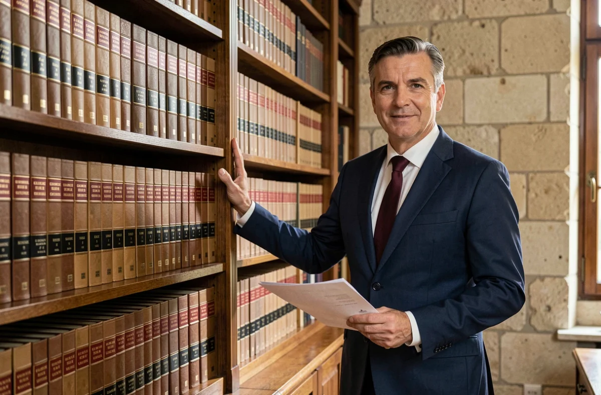 Avocat Benoit Soulet au barreau d'Angoulême, en costume bleu marine et cravate bordeaux devant une bibliothèque de codes juridiques