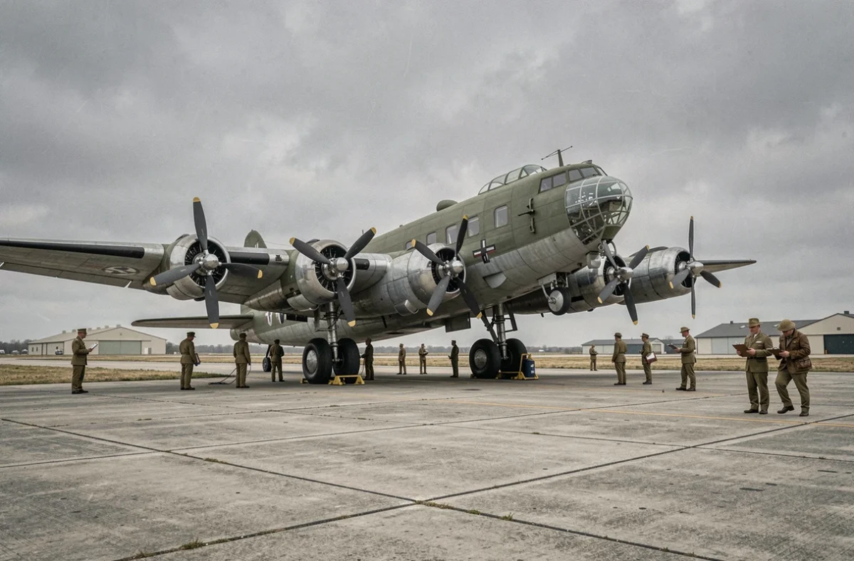 Boeing B-17F prêt pour le départ sur un terrain d'aviation militaire américain, entouré de techniciens de l'USAAF effectuant les vérifications pré-vol