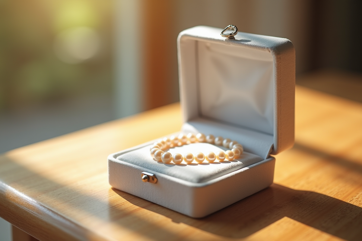 Boite a bijoux en satin blanc avec perle sur table en bois