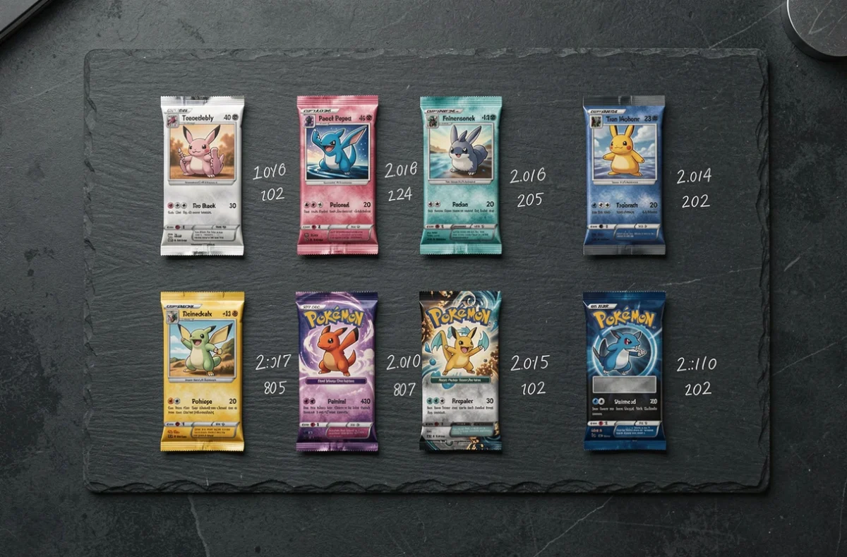 Vue aérienne de boosters et extensions Pokémon disposés en calendrier de sorties 2025-2026 sur une surface en ardoise