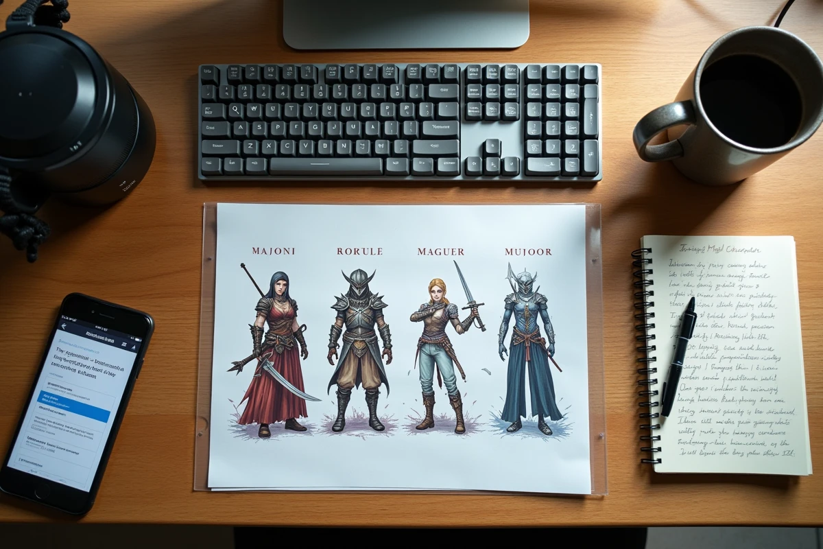 Vue aérienne d'un bureau de joueur avec tableau comparatif de personnages RPG, notes manuscrites et clavier mécanique pour illustrer le choix de style de jeu