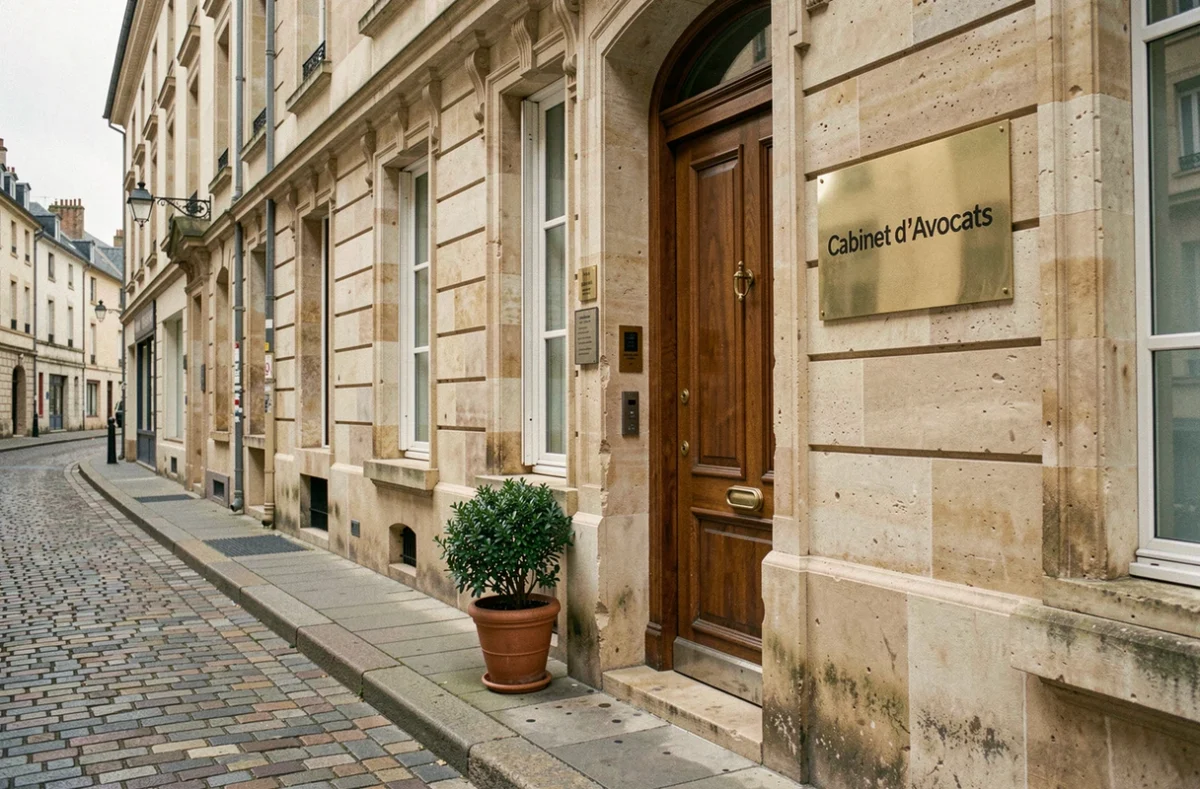 Façade du cabinet d'avocats Cochaud-Doutreuve à Angoulême, avec plaque en laiton et porte en bois sur un immeuble en pierre calcaire