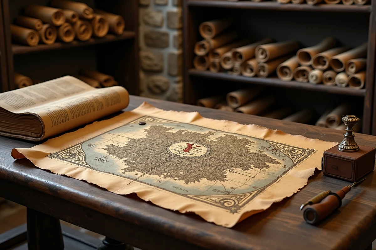 Carte ancienne et calligraphie historique illustrant l'origine du nom d'une capitale commençant par Y