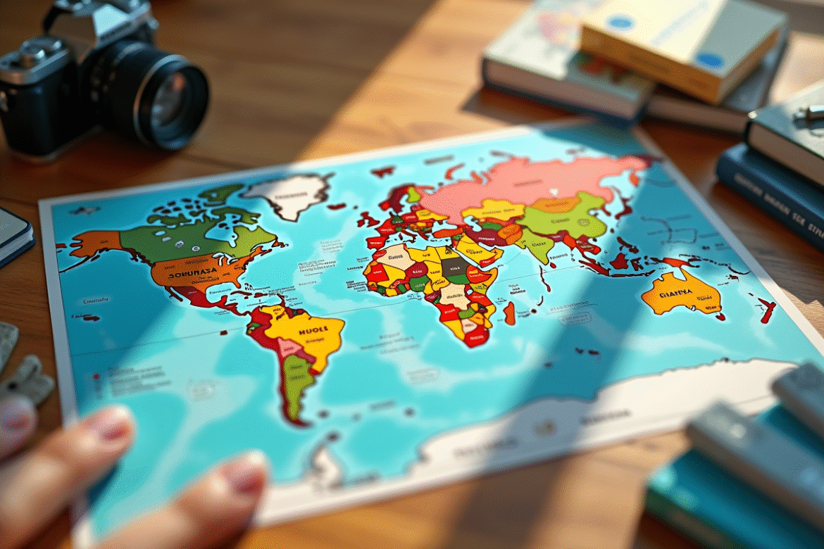 Carte du monde avec des épingles colorées sur les capitales F