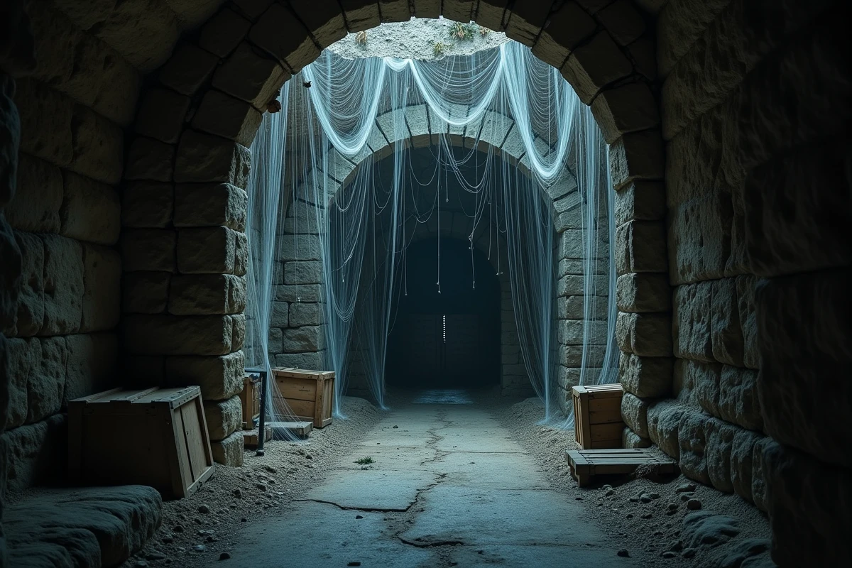 Cellier souterrain envahi de toiles d'araignées, atmosphère mystérieuse et inquiétante rappelant l'univers de la Génei Ryodan dans Hunter x Hunter