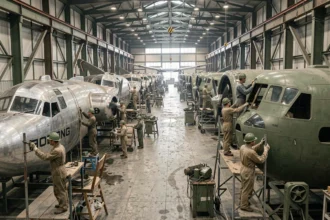 Chaîne d'assemblage du Boeing B-17F dans une usine américaine des années 1940, avec des ouvriers travaillant sur des rangées de bombardiers en cours de fabrication