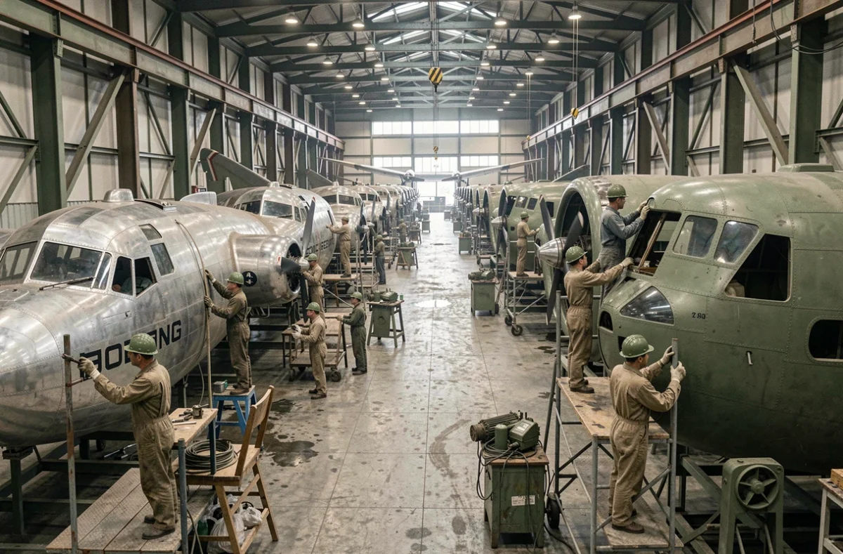 Chaîne d'assemblage du Boeing B-17F dans une usine américaine des années 1940, avec des ouvriers travaillant sur des rangées de bombardiers en cours de fabrication