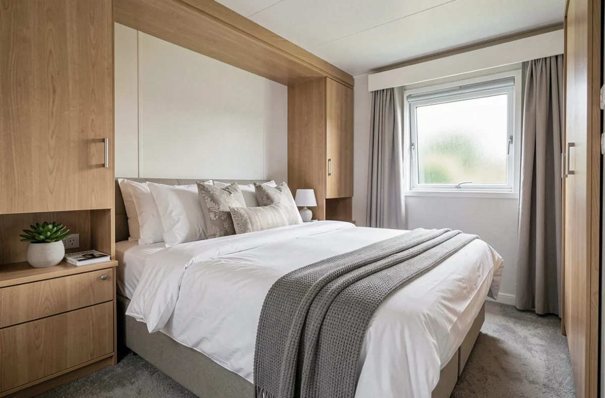 Chambre de mobil-home luxueux avec literie blanche, armoire en chêne clair et ambiance hôtelière soignée