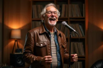 Chanteur français des années 80 en studio avec veste en cuir