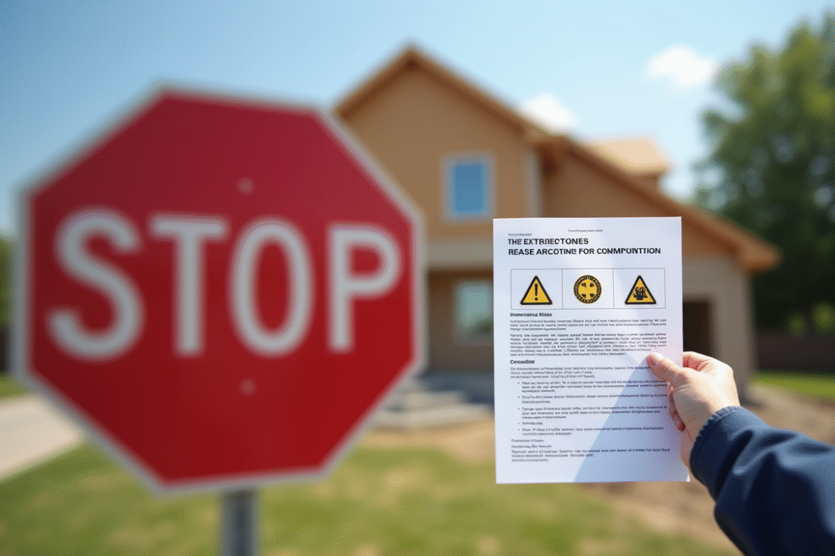 Chantier de construction avec panneau stop et document d'avertissement