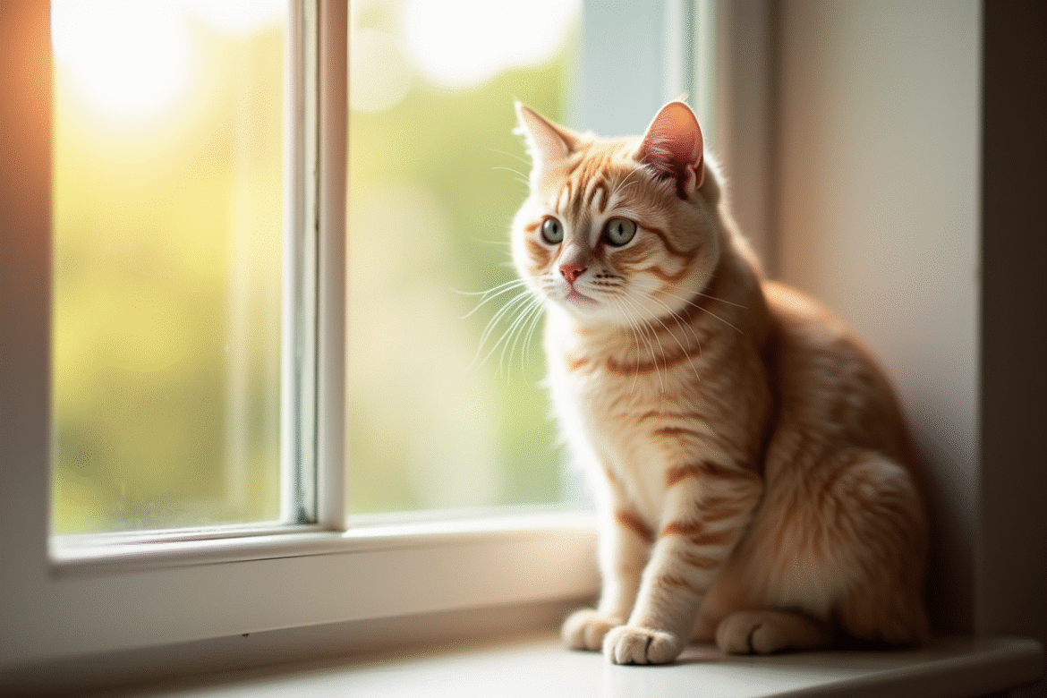 Chat beige British Shorthair sur une fenêtre ensoleillée