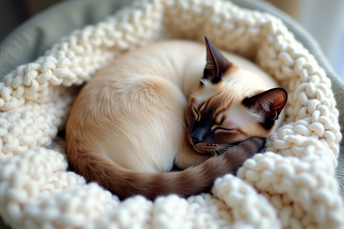 Chat siamois beige endormi sur une couverture blanche