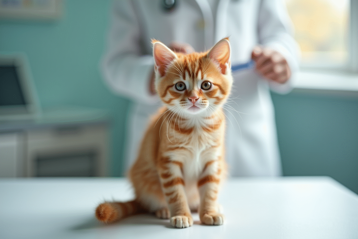 Chaton ginger sur une table d'examen chez le vétérinaire