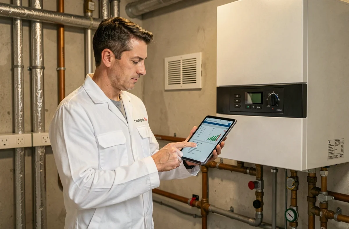 Chauffagiste professionnel d'Orléans inspectant une chaudière murale à gaz avec une tablette de diagnostic dans une chaufferie résidentielle