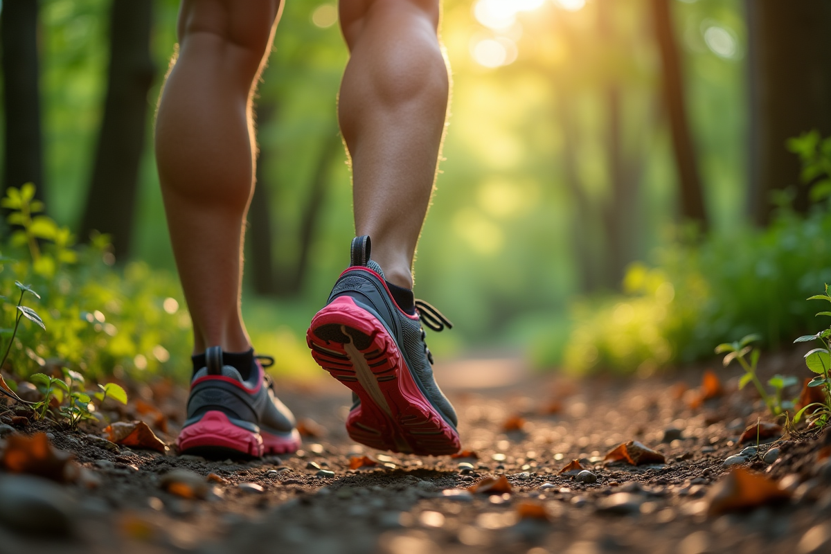 Chaussures de sport sur sentier forestier ensoleille