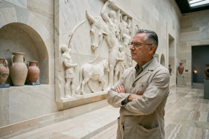 Chercheur en veste de lin étudiant une frise en marbre représentant le Minotaure dans un musée archéologique grec