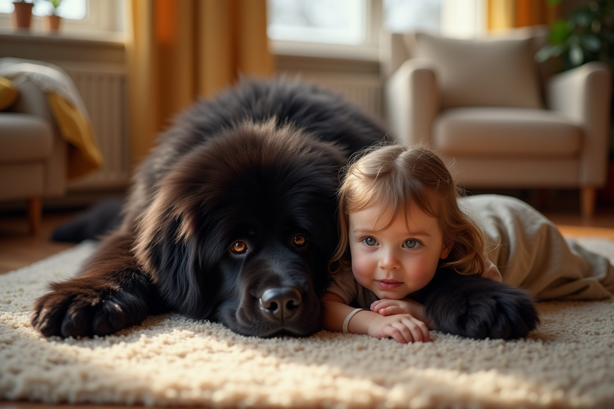 Chien Newfoundland et enfant sur tapis dans le salon