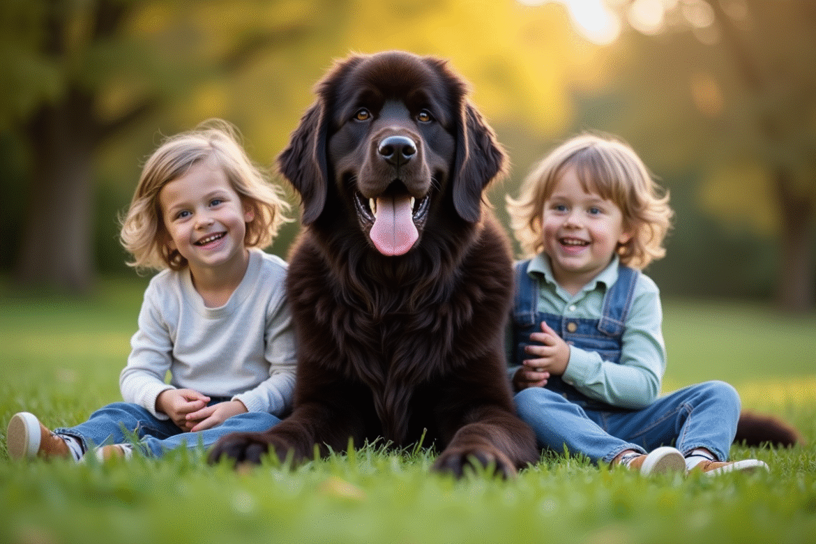 Chien Newfoundland joyeux avec enfants en plein air